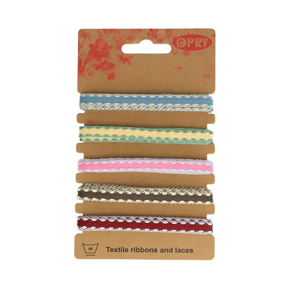 Opry fiskbensband 5‑pack 10 mm x 1 m i flera färger på brunt kort.